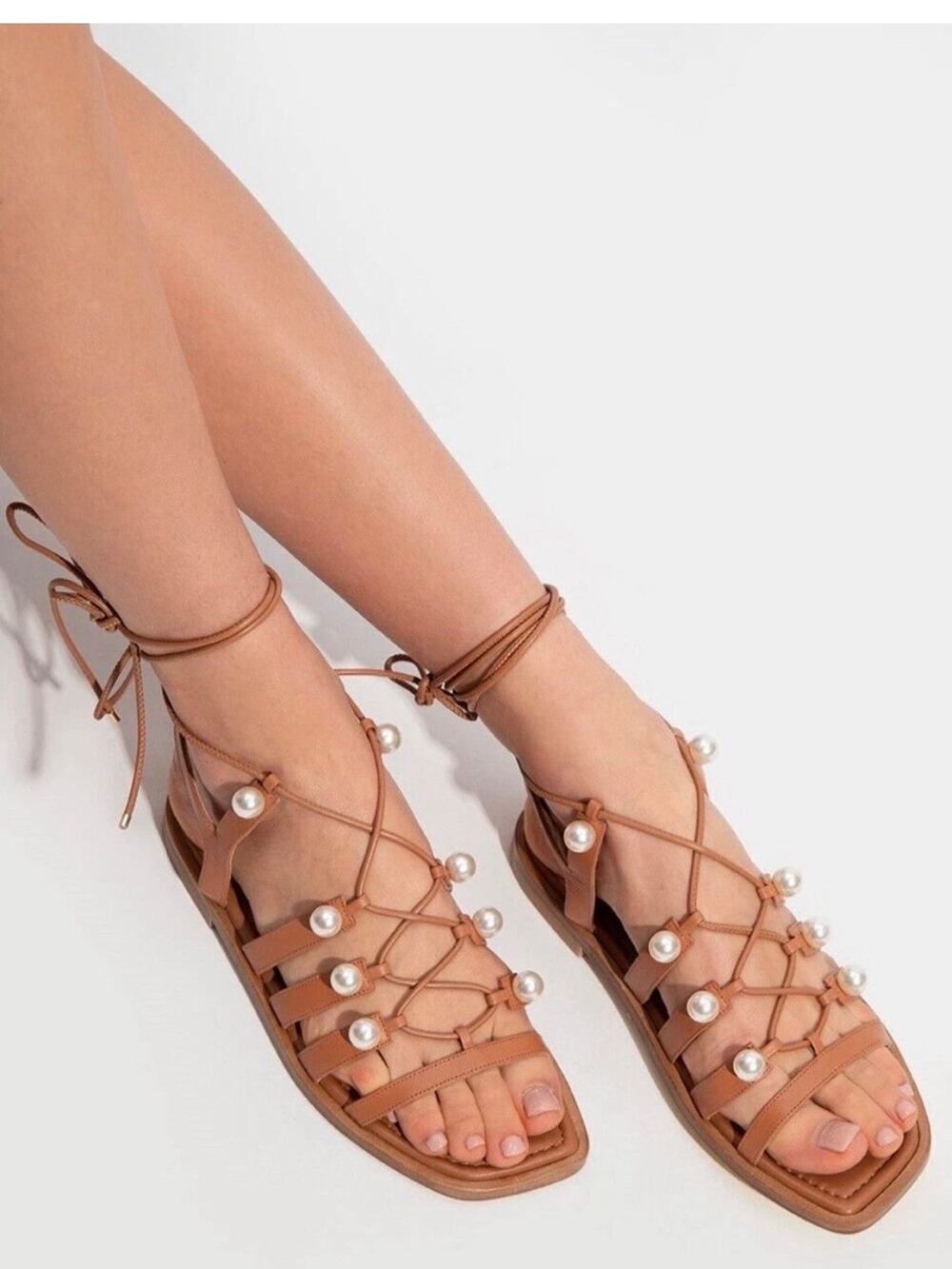 Stuart Weitzman Lace-Up Pearl Gladiator Sandals